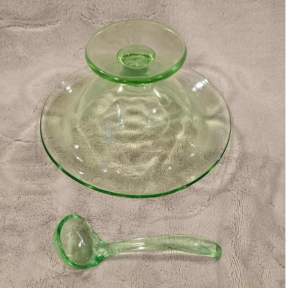 Vintage Uranium Glass Footed Pedestal Mayonnaise Bowl Spoon Set‎
